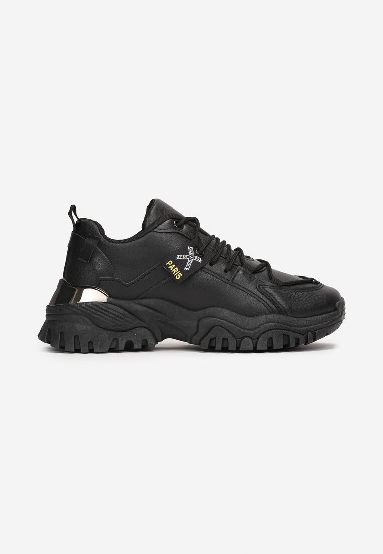 Czarne Sneakersy na Grubej Podeszwie z Metaliczną Wstawką Deminik