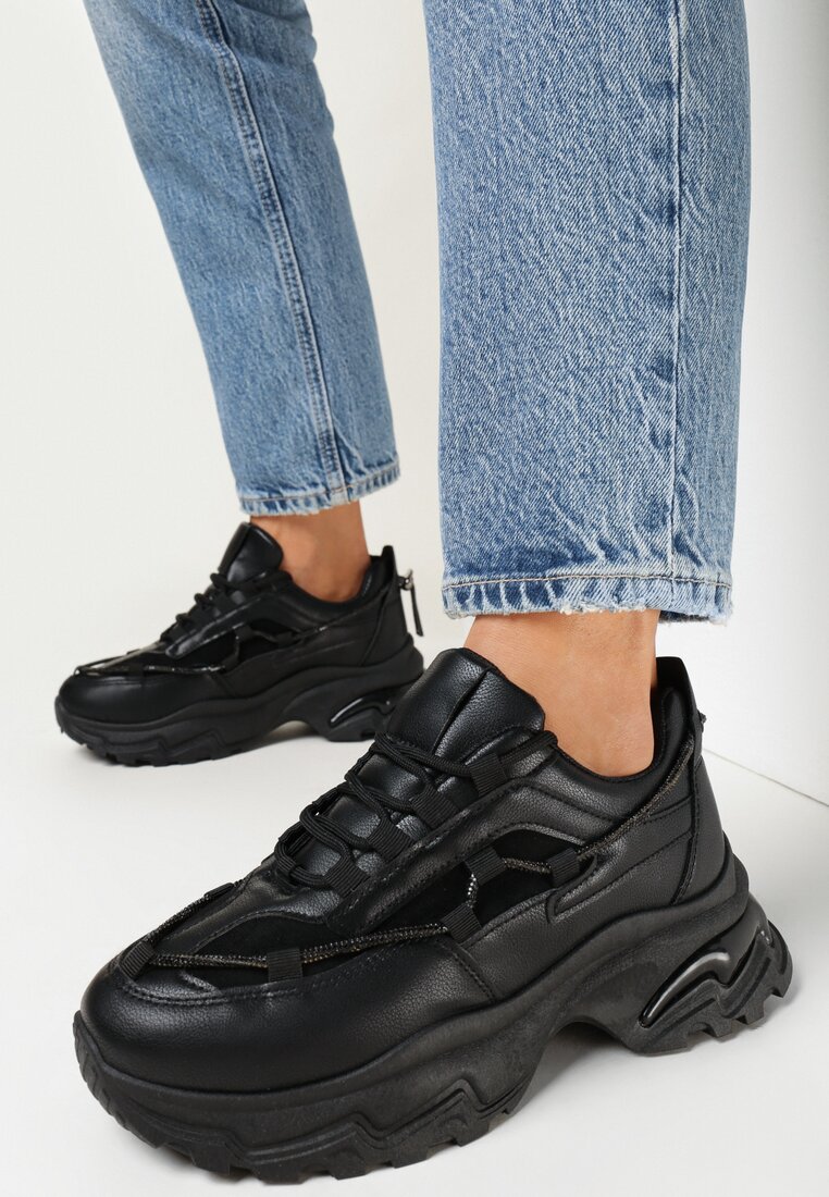 Czarne Sneakersy na Grubej Podeszwie z Sznurkiem w Cyrkonie Bertne