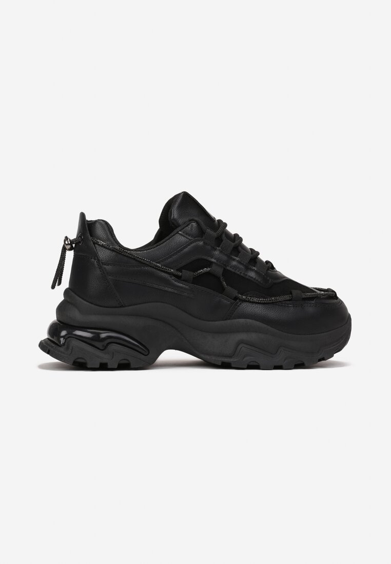 Czarne Sneakersy na Grubej Podeszwie z Sznurkiem w Cyrkonie Bertne