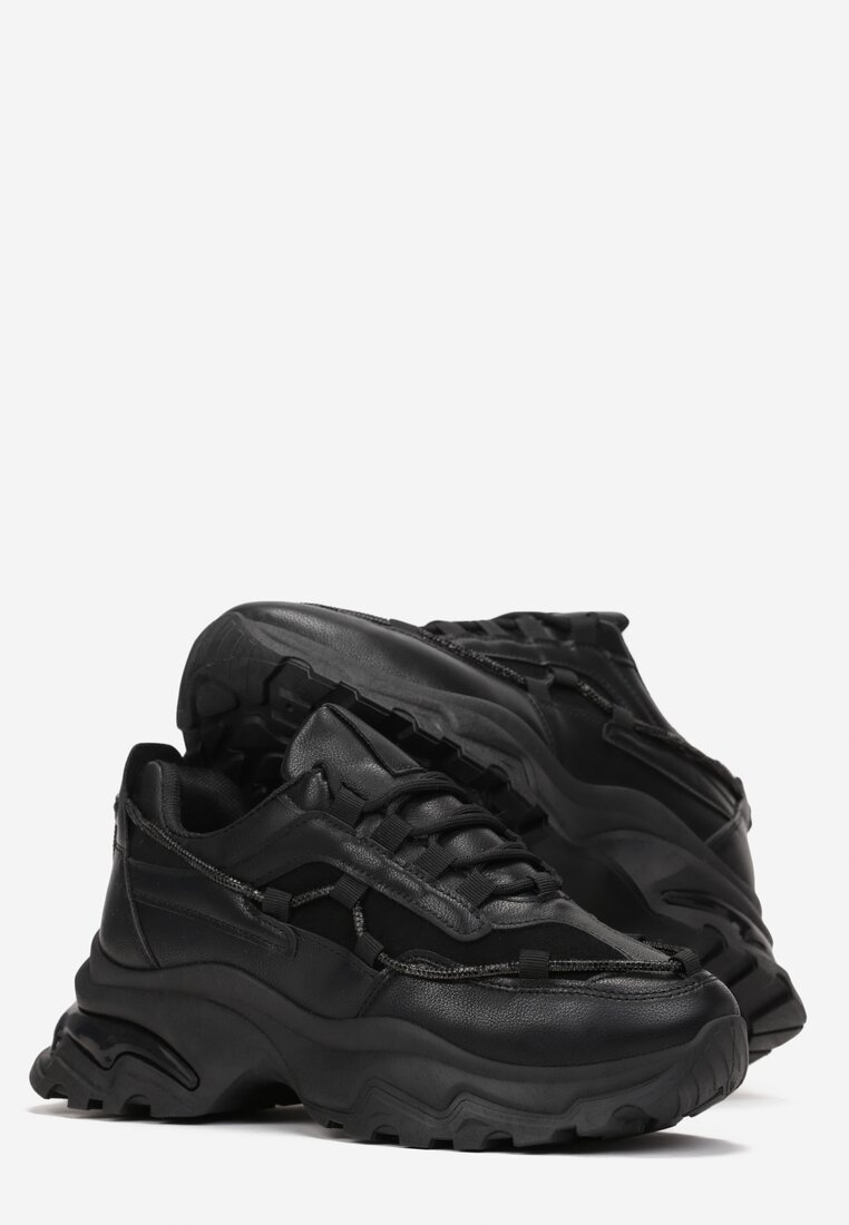 Czarne Sneakersy na Grubej Podeszwie z Sznurkiem w Cyrkonie Bertne
