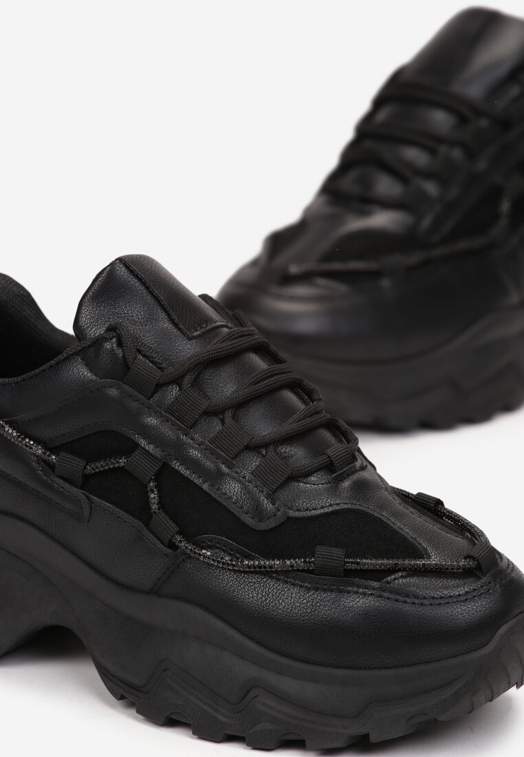 Czarne Sneakersy na Grubej Podeszwie z Sznurkiem w Cyrkonie Bertne