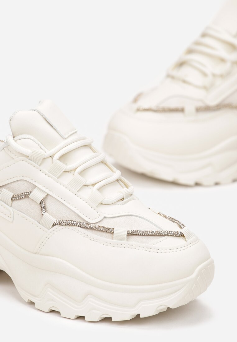 Beżowe Sneakersy na Grubej Podeszwie z Sznurkiem w Cyrkonie Bertne