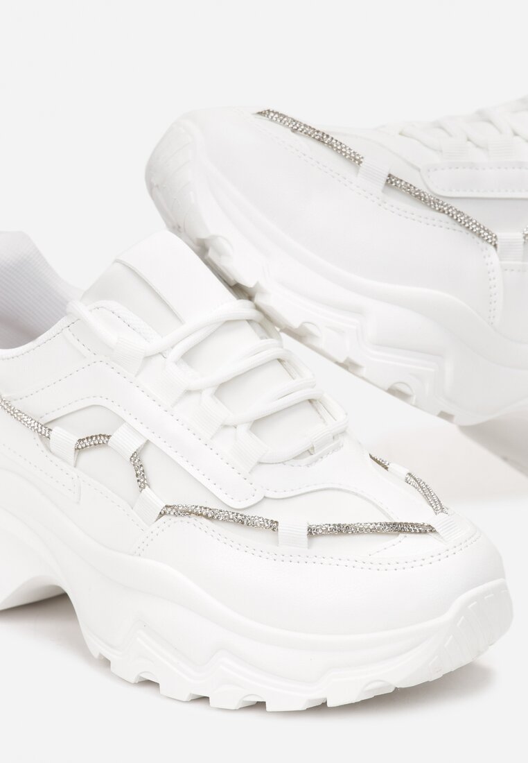 Białe Sneakersy na Grubej Podeszwie z Sznurkiem w Cyrkonie Bertne