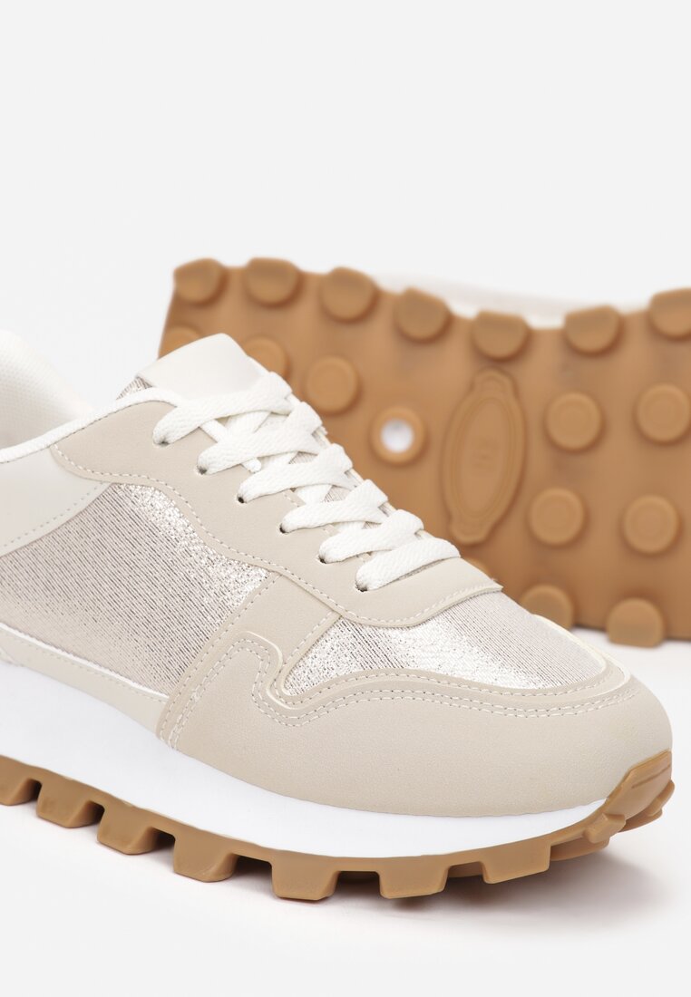 Beżowe Sznurowane Sneakersy na Płaskiej Grubej Podeszwie z Metaliczną Nitką Ismaya