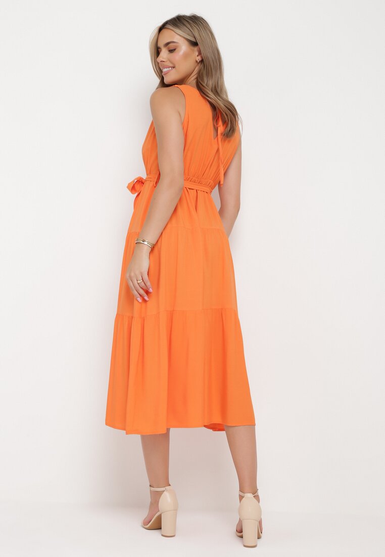 Pomarańczowa Wiskozowa Sukienka Midi z Gumką w Pasie i Materiałowym Paskiem Bicuh