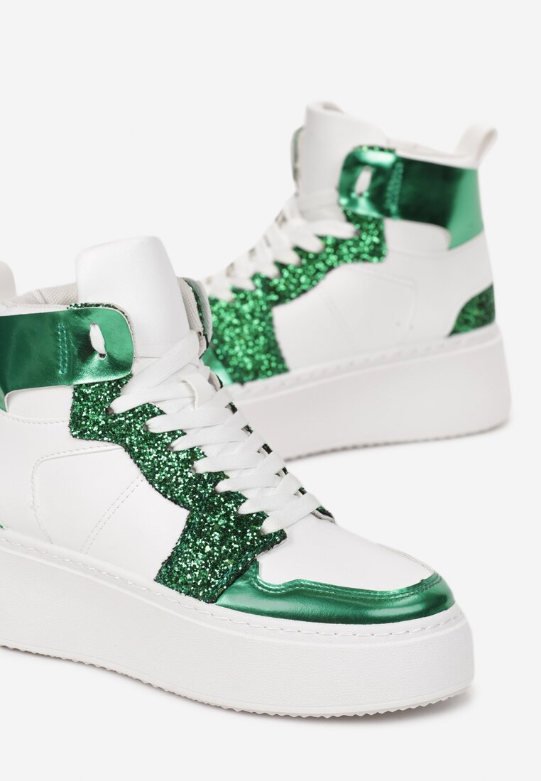Biało-Zielone Sneakersy na Grubej Płaskiej Podeszwie z Cholewką za Kostkę Ozdobione Brokatem i Metalicznymi Wstawkami Byreli