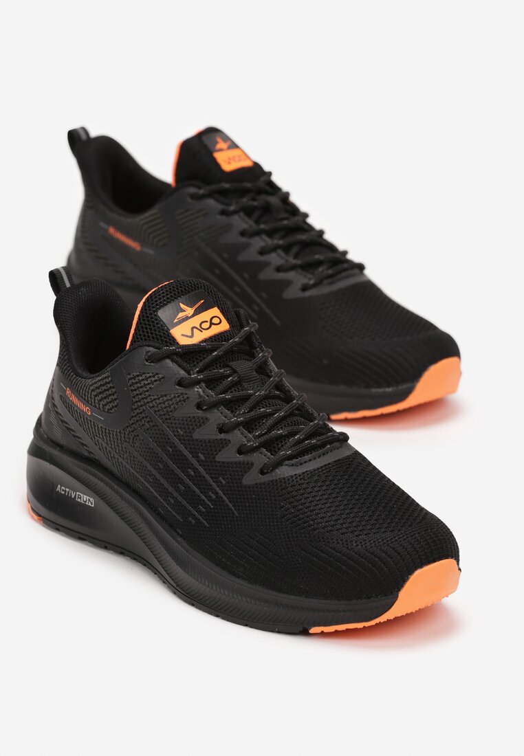 Czarno-Pmarańczowe Sznurowane Buty Sportowe na Płaskiej Podeszwie Raffaed