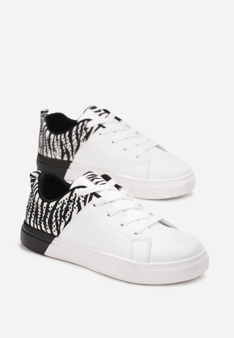 Czarno-Białe Sznurowane Sneakersy na Płaskiej Podeszwie z Ozdobnymi Cyrkoniami Gimena