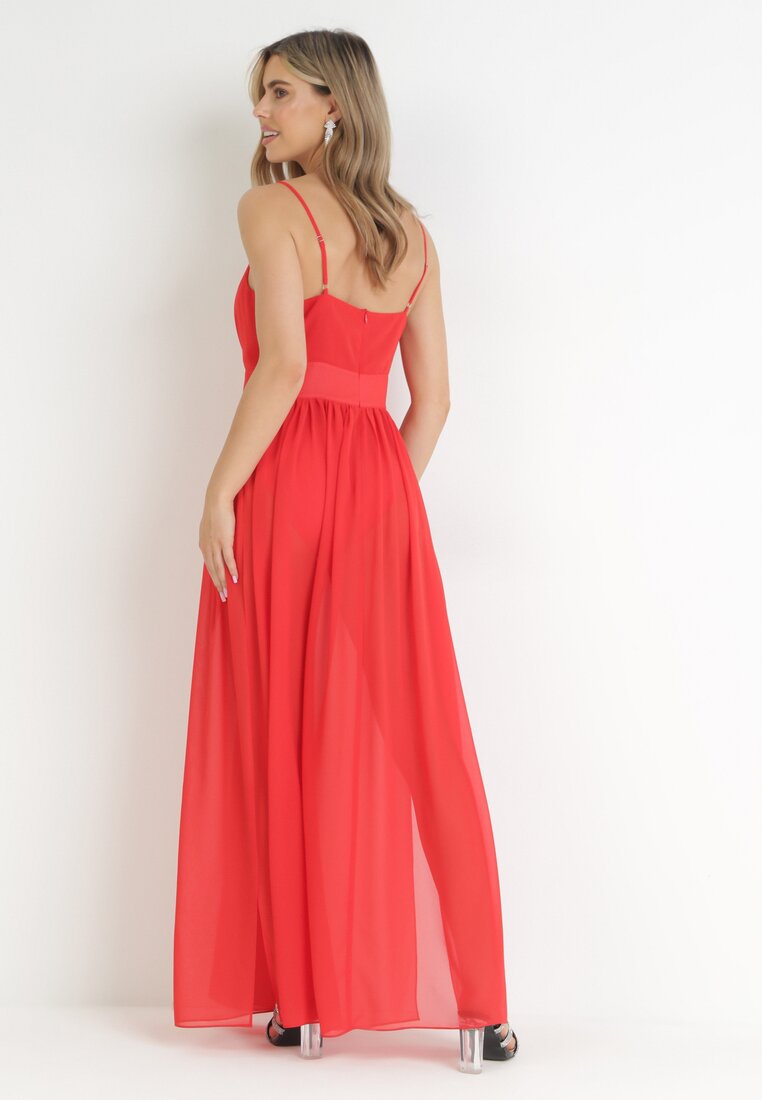 Czerwona Rozkloszowana Sukienka Maxi na Ramiączkach z Majtkami Girma