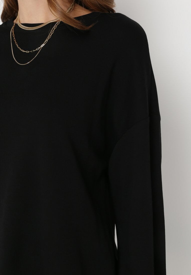 Czarna Klasyczna Bawełniana Bluza Oversize z Okrągłym Dekoltem i Długim Rękawem ze Ściągaczem Tylera