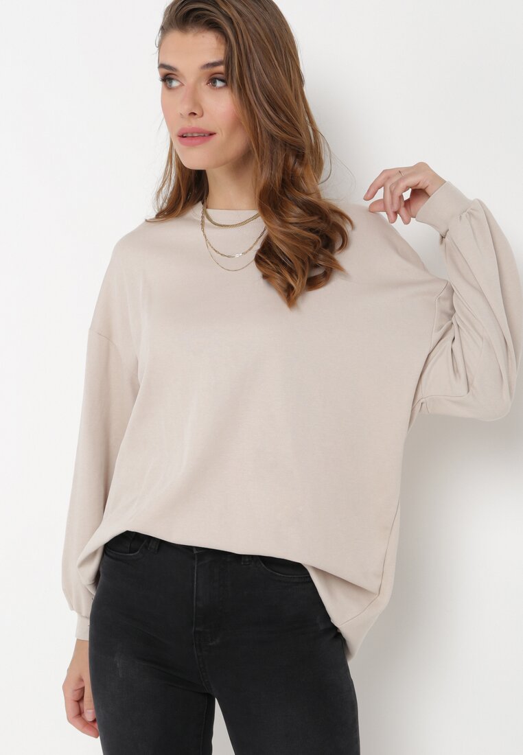 Beżowa Klasyczna Bawełniana Bluza Oversize z Okrągłym Dekoltem i Długim Rękawem ze Ściągaczem Tylera