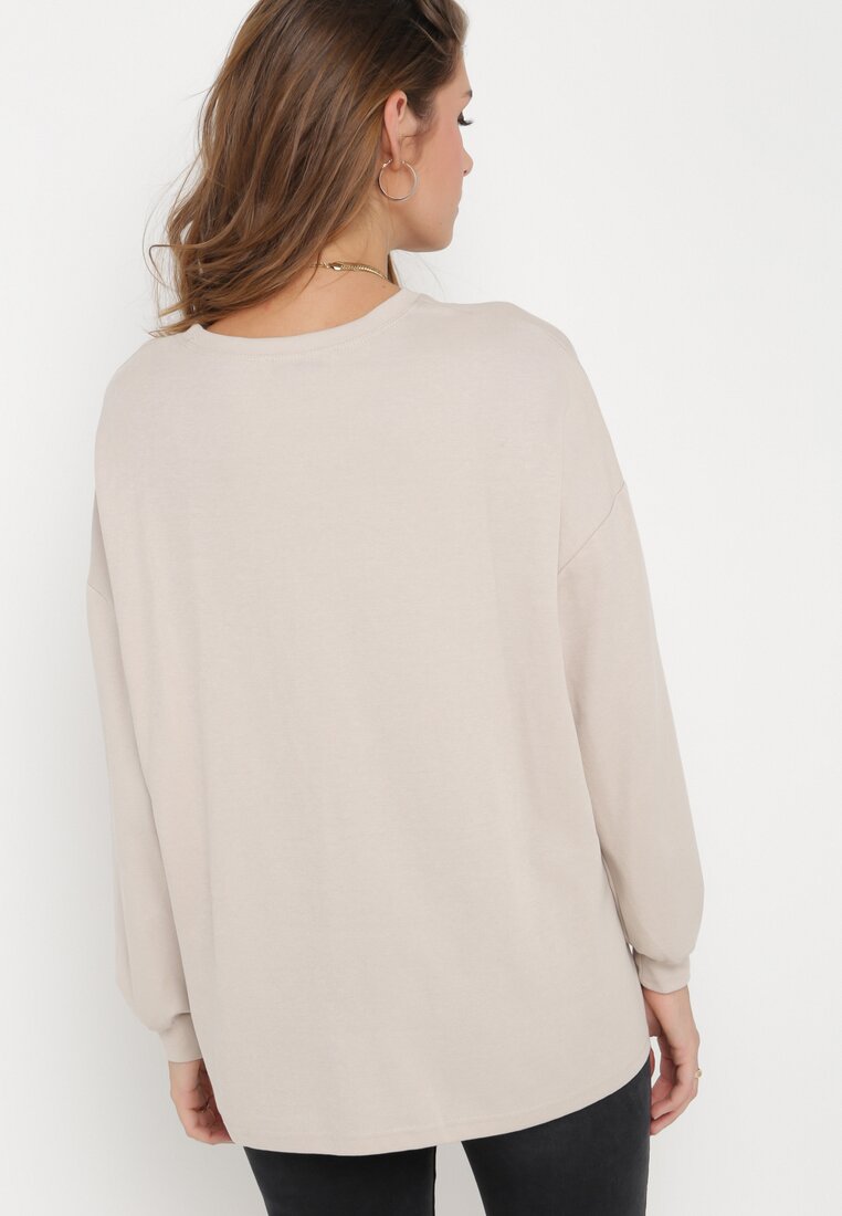 Beżowa Klasyczna Bawełniana Bluza Oversize z Okrągłym Dekoltem i Długim Rękawem ze Ściągaczem Tylera