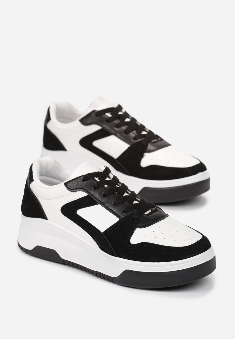 Biało-Czarne Sznurowane Sneakersy na Grubej Podeszwie z Ozdobnymi Przeszyciami Alseana