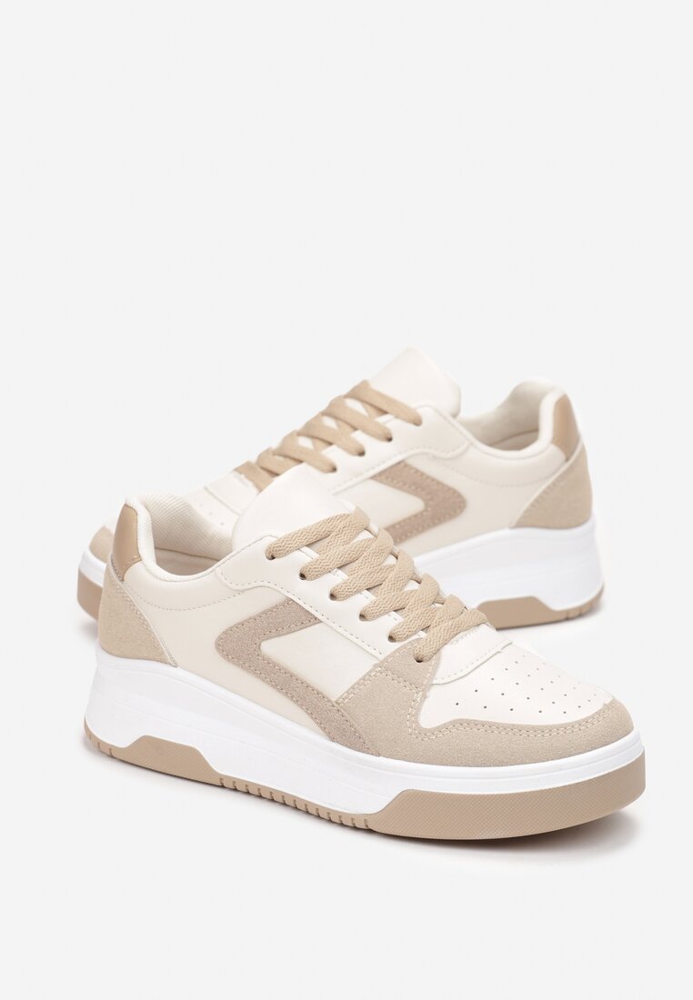 Beżowe Sznurowane Sneakersy na Grubej Podeszwie z Ozdobnymi Przeszyciami Alseana