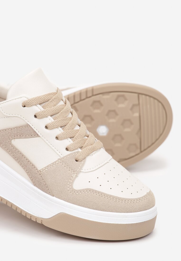 Beżowe Sznurowane Sneakersy na Grubej Podeszwie z Ozdobnymi Przeszyciami Alseana