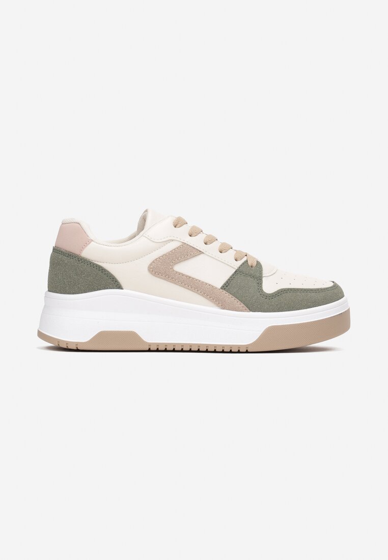 Zielone Sznurowane Sneakersy na Grubej Podeszwie z Ozdobnymi Przeszyciami Alseana
