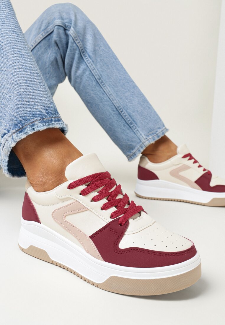 Bordowe Sznurowane Sneakersy na Grubej Podeszwie z Ozdobnymi Przeszyciami Alseana