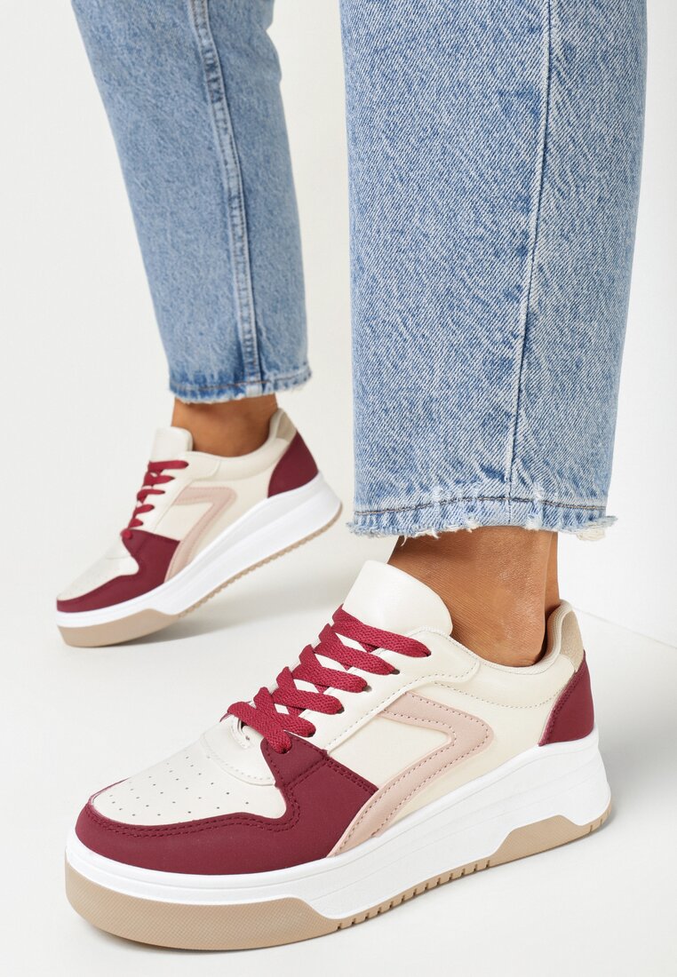 Bordowe Sznurowane Sneakersy na Grubej Podeszwie z Ozdobnymi Przeszyciami Alseana