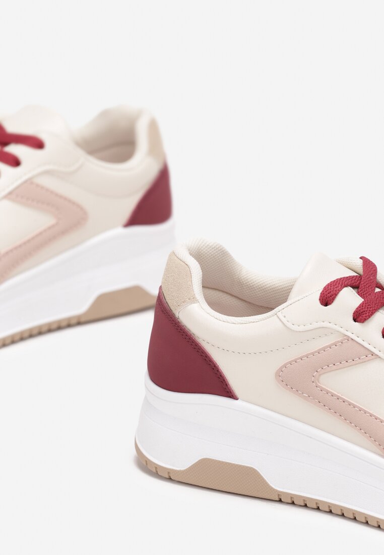 Bordowe Sznurowane Sneakersy na Grubej Podeszwie z Ozdobnymi Przeszyciami Alseana