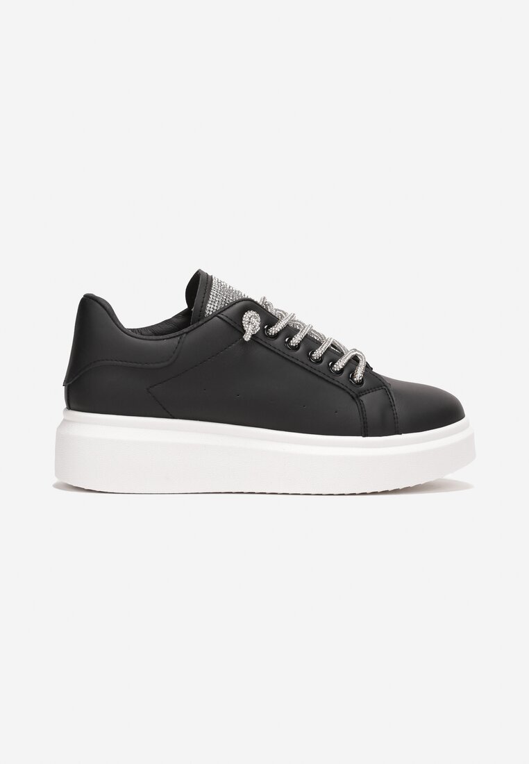Czarne Sznurowane Sneakersy na Grubej Podeszwie Ozdobione Cyrkoniami Samma
