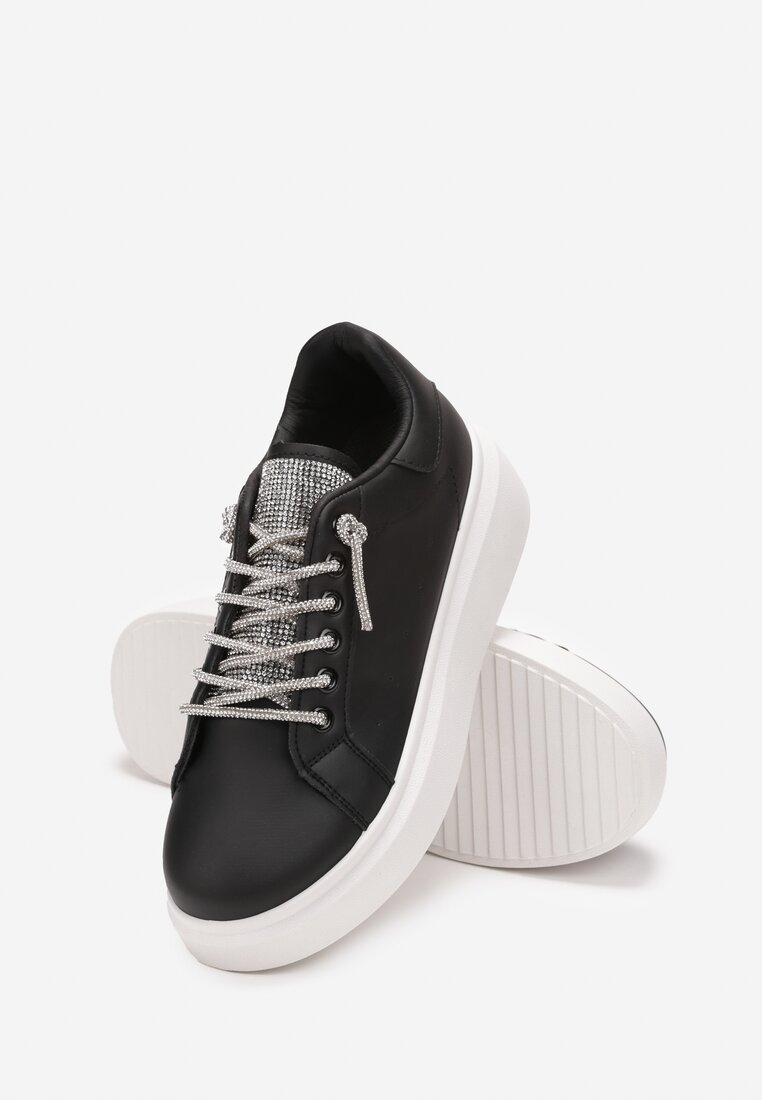 Czarne Sznurowane Sneakersy na Grubej Podeszwie Ozdobione Cyrkoniami Samma