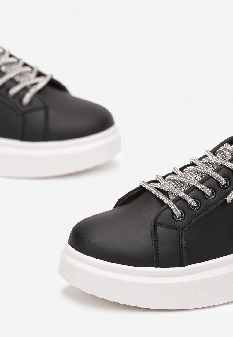 Czarne Sznurowane Sneakersy na Grubej Podeszwie Ozdobione Cyrkoniami Samma