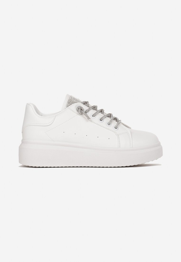 Białe Sznurowane Sneakersy na Grubej Podeszwie Ozdobione Cyrkoniami Samma