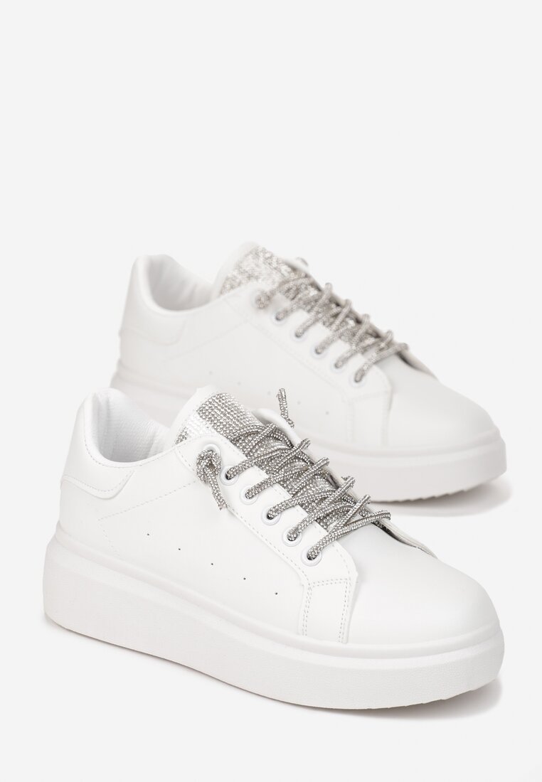 Białe Sznurowane Sneakersy na Grubej Podeszwie Ozdobione Cyrkoniami Samma