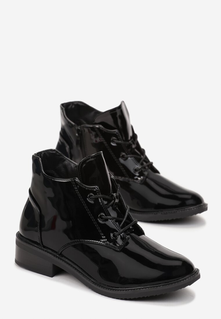 Czarne Botki na Płaskim Obcasie Sznurowane z Ozdobnymi Przeszyciami Melens