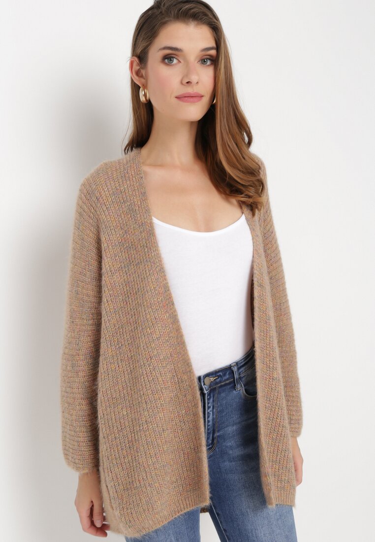 Ciemnobeżowy Niezapinany Kardigan z Prążkowanej Dzianiny Jeniyah