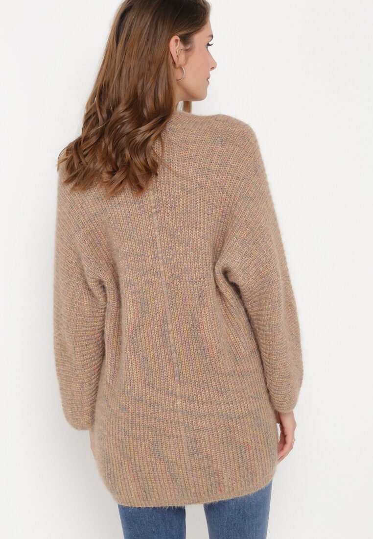 Ciemnobeżowy Niezapinany Kardigan z Prążkowanej Dzianiny Jeniyah