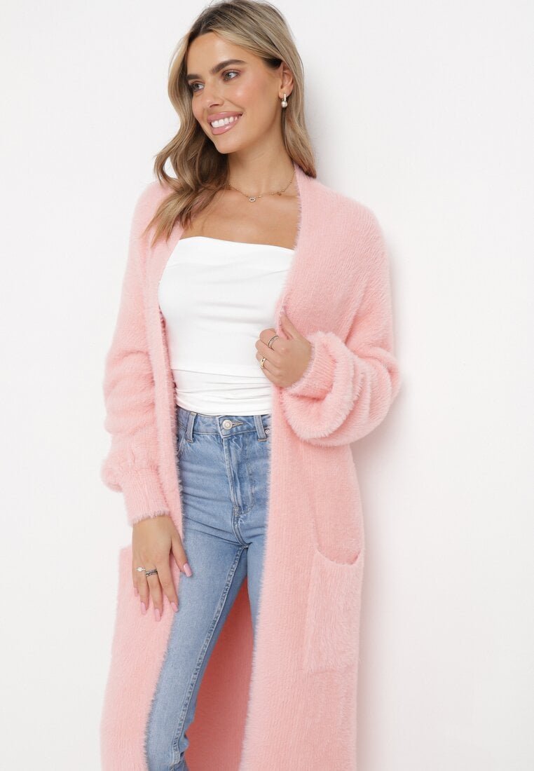 Różowy Puchaty Kardigan Niezapinany Anders