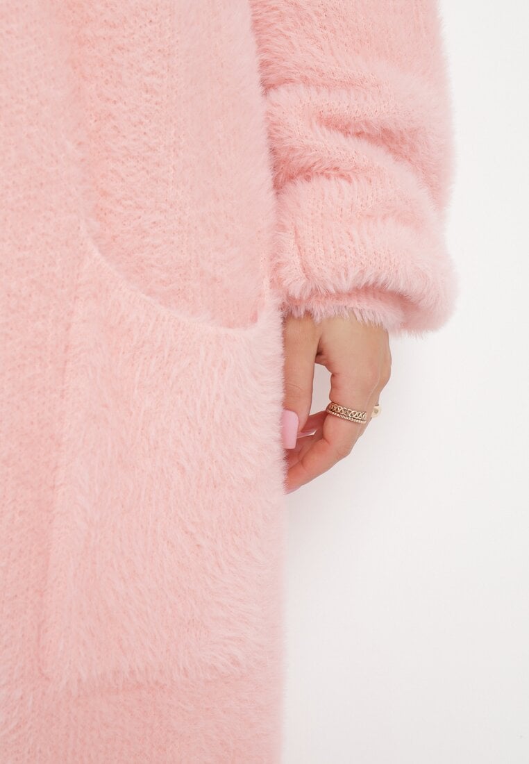 Różowy Puchaty Kardigan Niezapinany Anders