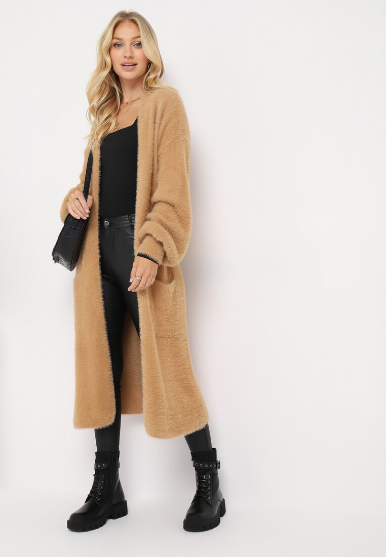 Ciemnobeżowy Puchaty Kardigan Niezapinany Anders