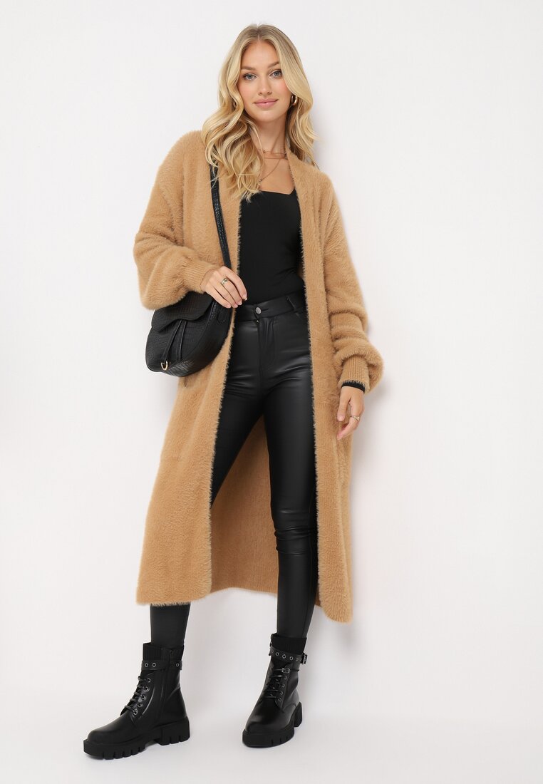 Ciemnobeżowy Puchaty Kardigan Niezapinany Anders