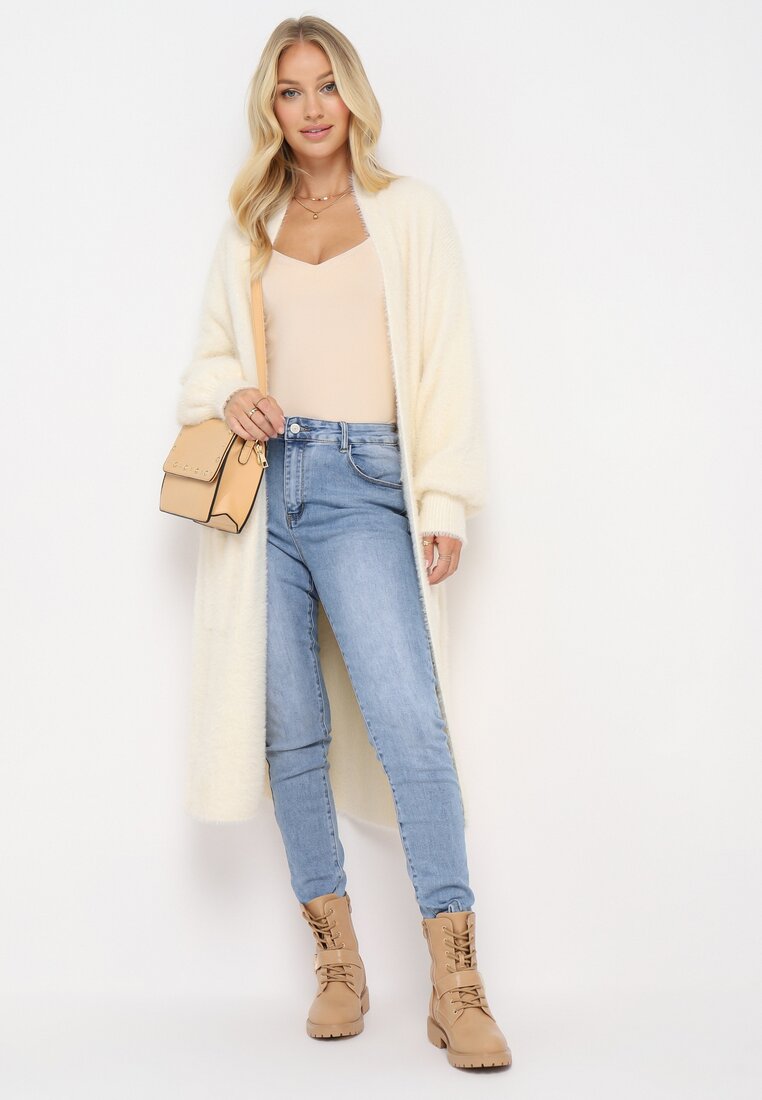 Jasnobeżowy Puchaty Kardigan Niezapinany Anders