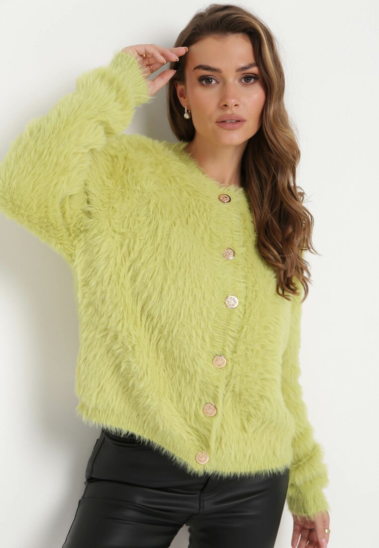 Zielony Dzianinowy Sweter Kardigan z Długim Włosem na Guziki Piolusa