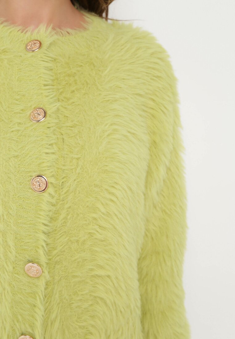 Zielony Dzianinowy Sweter Kardigan z Długim Włosem na Guziki Piolusa