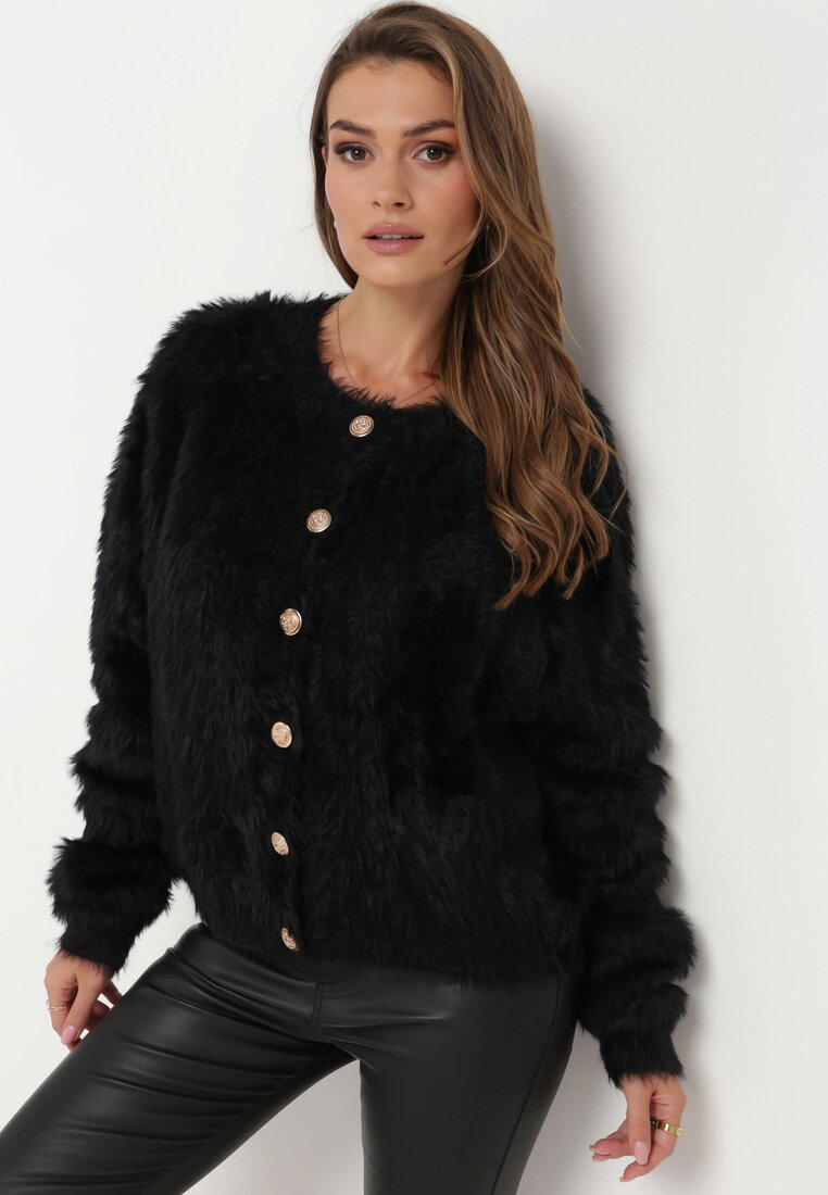 Czarny Dzianinowy Sweter Kardigan z Długim Włosem na Guziki Piolusa