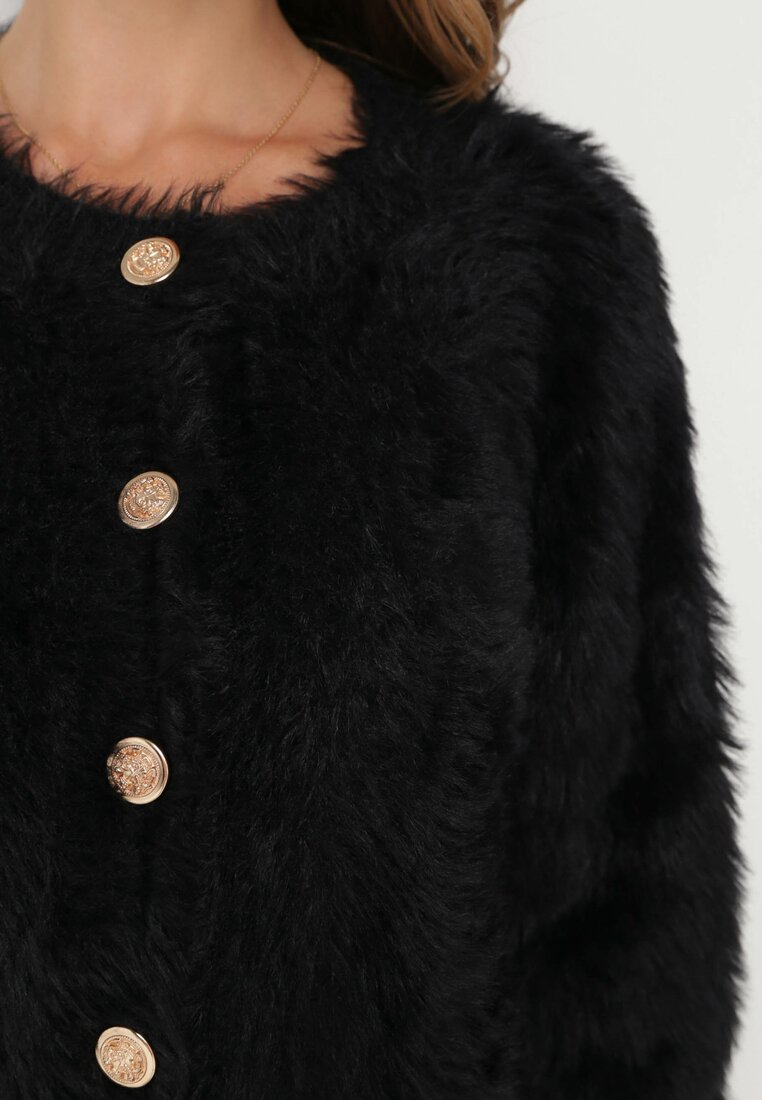 Czarny Dzianinowy Sweter Kardigan z Długim Włosem na Guziki Piolusa