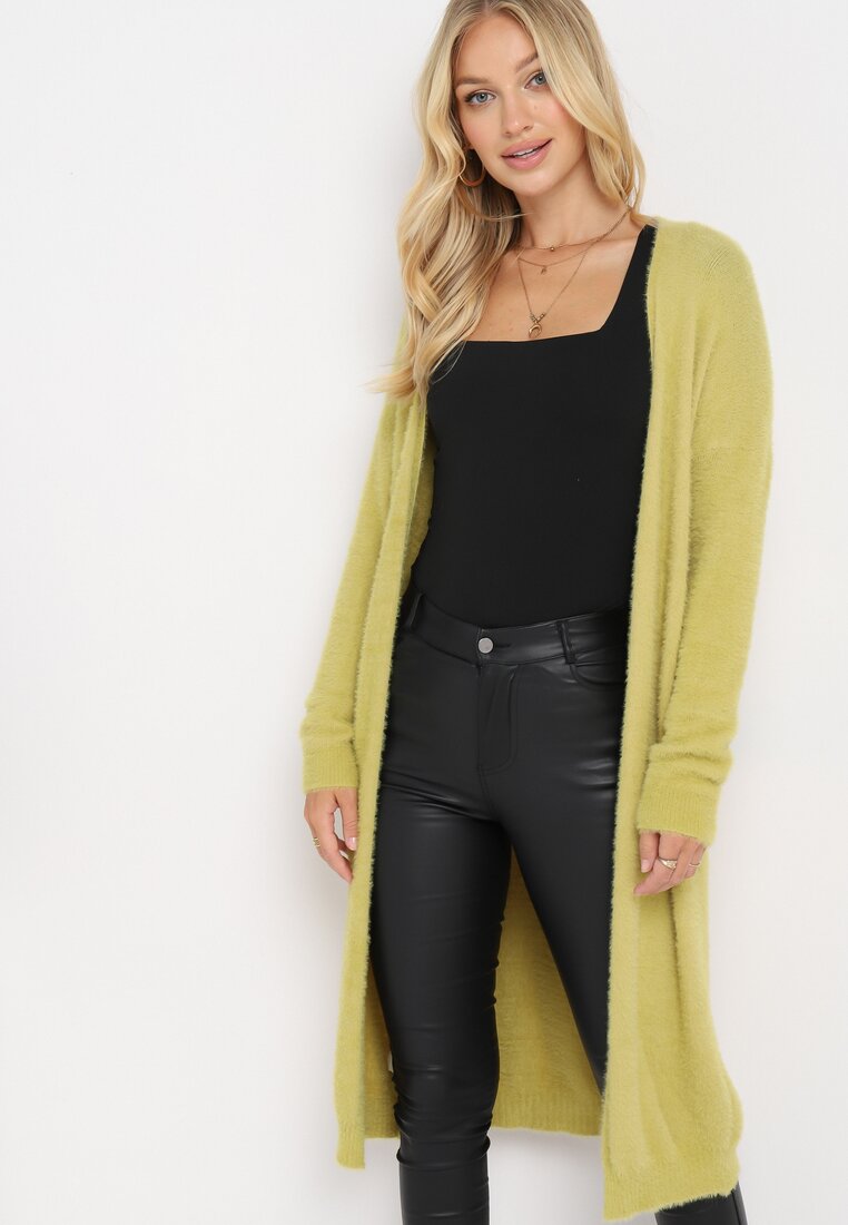 Jasnozielony Luźny Kardigan z Elastycznej Dzianiny Renley