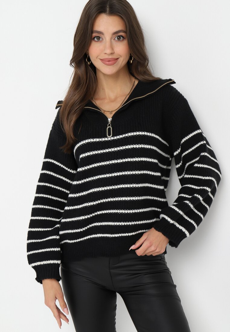 Czarny Golf Sweter w Paski Zapinany na Suwak przy Dekolcie z Długim Rękawem Keos