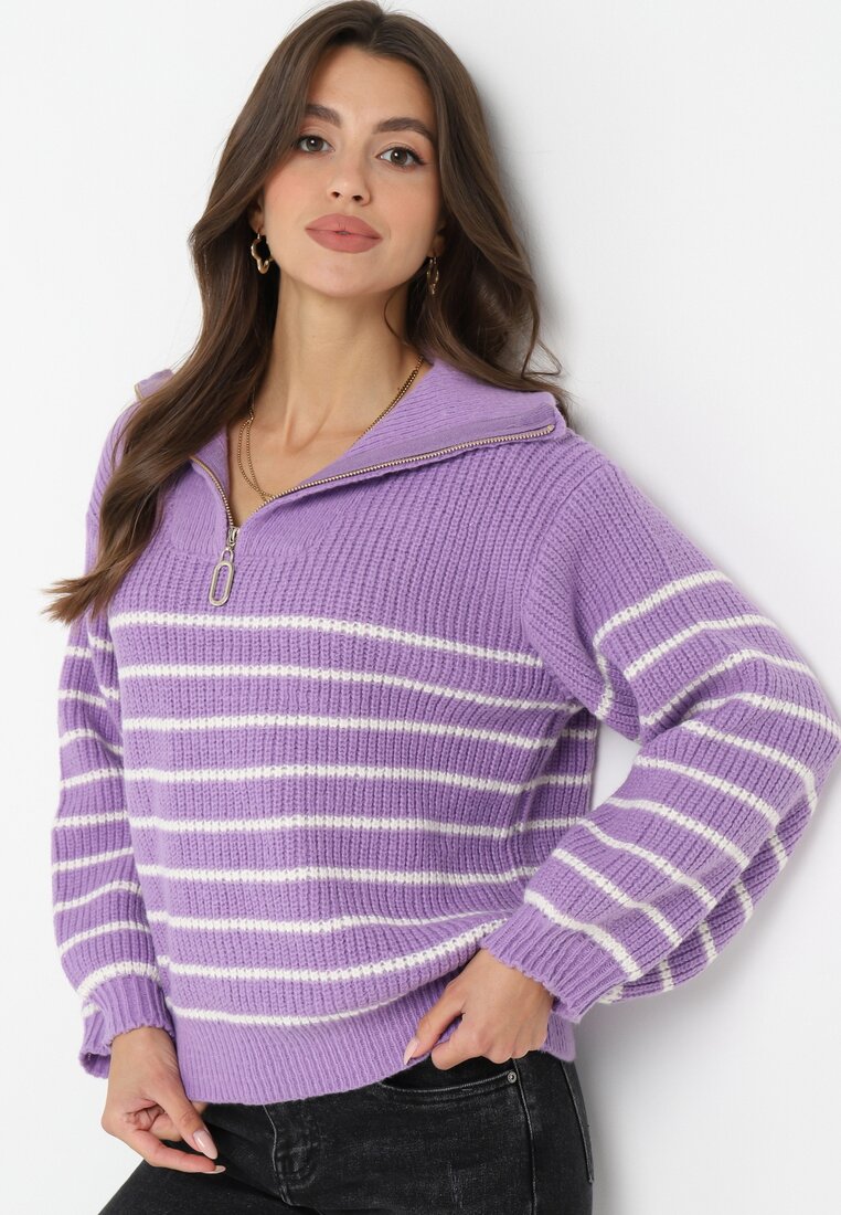 Fioletowy Golf Sweter w Paski Zapinany na Suwak przy Dekolcie z Długim Rękawem Keos