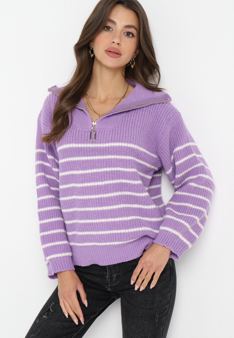 Fioletowy Golf Sweter w Paski Zapinany na Suwak przy Dekolcie z Długim Rękawem Keos
