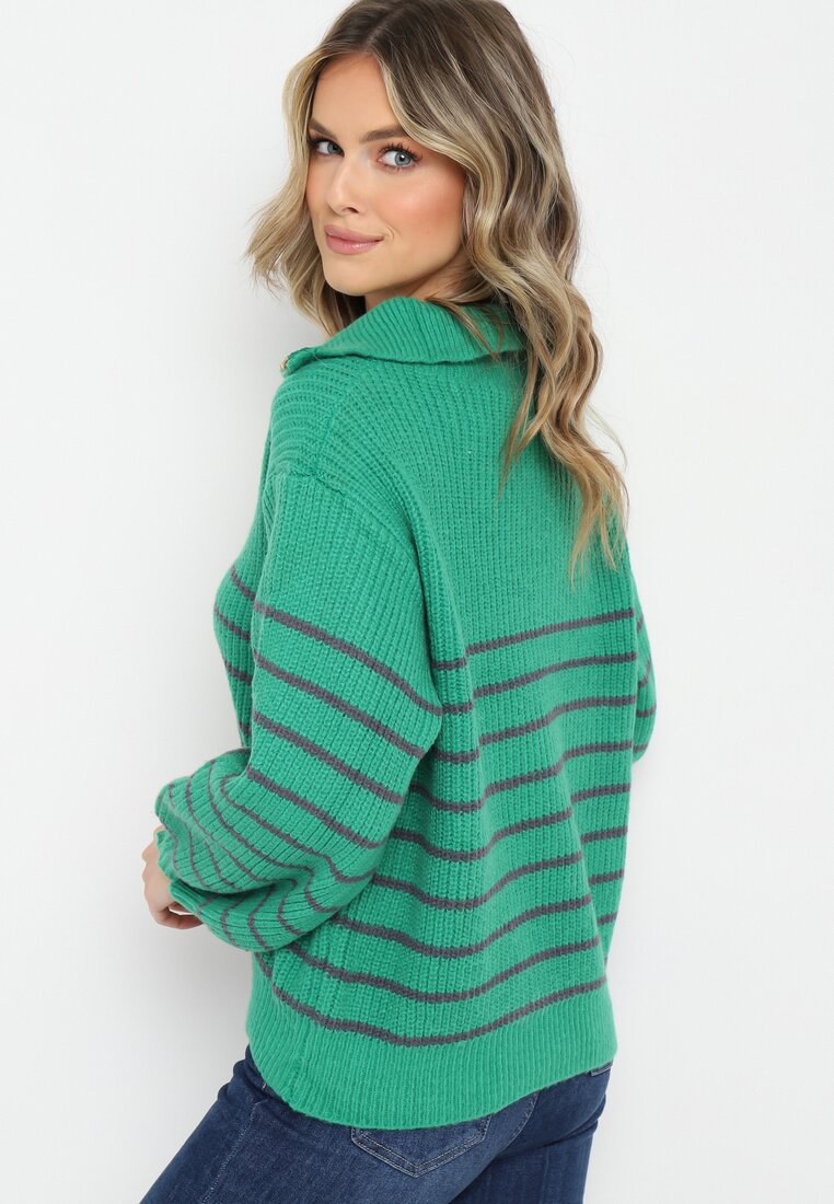 Zielony Golf Sweter w Paski Zapinany na Suwak przy Dekolcie z Długim Rękawem Keos