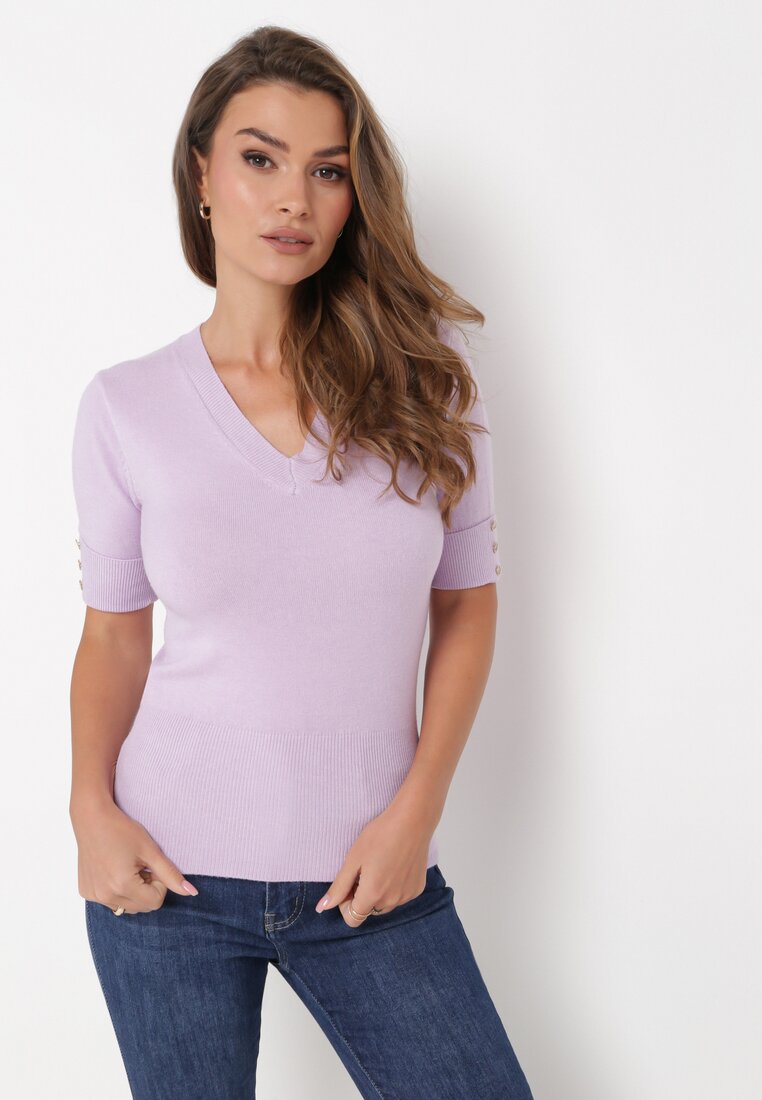 Fioletowa Dzianinowa Bluzka z Trójkątnym Dekoltem Zibese