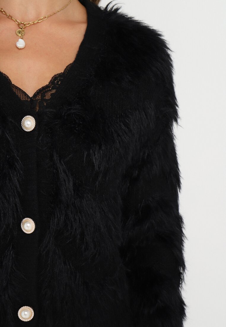 Czarny Puchaty Kardigan Zapinany na Guziki Tyweza