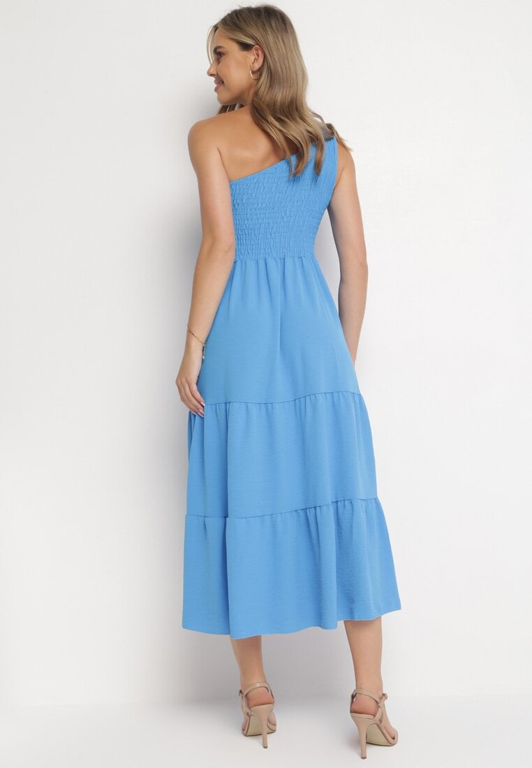 Niebieska Maxi Sukienka Asymetryczna o Rozkloszowanym Kroju na Jedno Ramię Byrecl