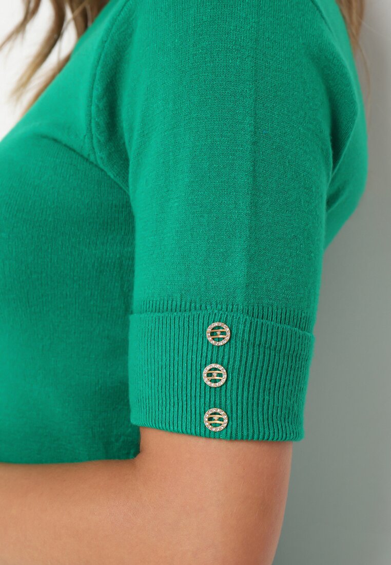 Ciemnozielony Sweter Golf z Krótkimi Rękawami z Guzikami Adylatin