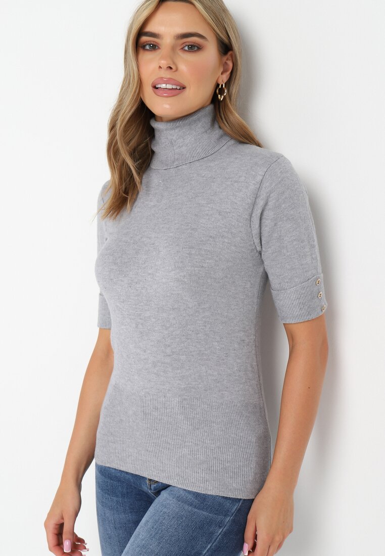 Szary Sweter Golf z Krótkimi Rękawami z Guzikami Adylatin